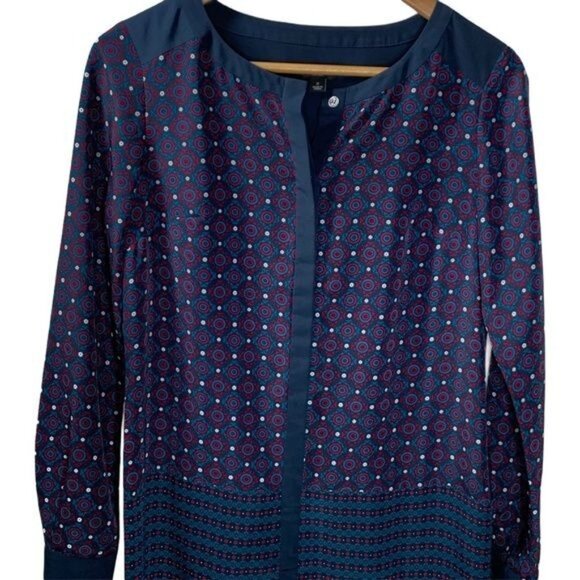 Ann Taylor Blue Geometric Print Shift Dress Size 2 Long Sleeve Work Office - Picture 2 of 10